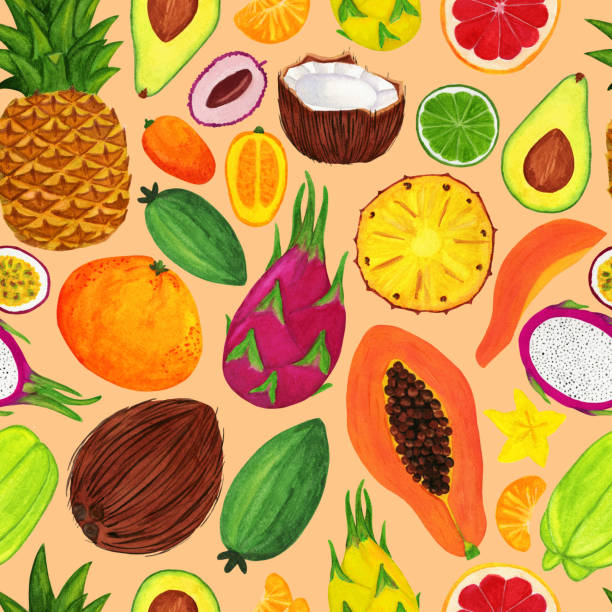 ilustraciones, imágenes clip art, dibujos animados e iconos de stock de gran fruta tropical mezcla patrón sin costuras. ilustración de acuarela con fruta jugosa exótica. - feijoo