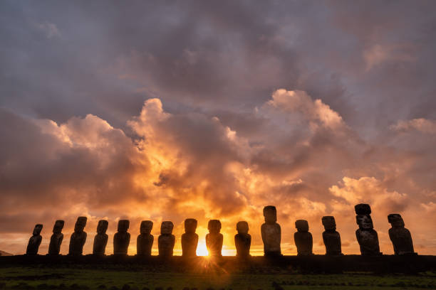 istock Ahu Tongariki is the largest ahu on Easter Island at sunrise, Chile 1280523588