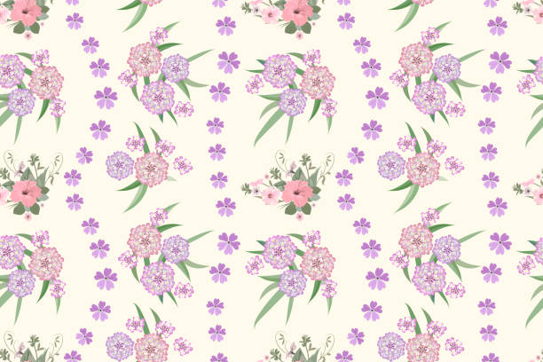 Vector seamless floral spring pattern on a light background different bouquets of pink and lilac flowers, hibiscus flower, alyssum, lfeminine print for fabric design Vector seamless floral spring pattern on a light background different bouquets of pink and lilac flowers, hibiscus flower, alyssum, lfeminine print for fabric design. alysum stock illustrations