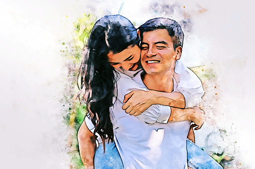 Abstract colorful happiness young couple family relaxation in holiday weekend at home on watercolor illustration painting background.