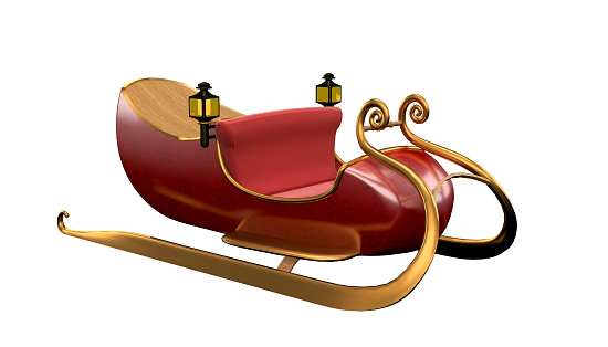 Santa sleigh isolate on white, red and gold new year gift cart for reindeers to carry Christmas items, 3d rendering