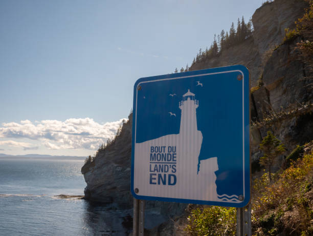 Land's end sign in the Forillon National Park. This sign is at the end of a trail will take you to the eastern tip of the Gaspe Peninsula Land's end sign in the Forillon National Park. This sign is at the end of a trail will take you to the eastern tip of the Gaspe Peninsula forillon national park stock pictures, royalty-free photos & images