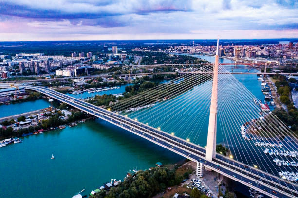 moderne brücke auf dem fluss sava,belgrad - belgrade serbia stock-fotos und bilder