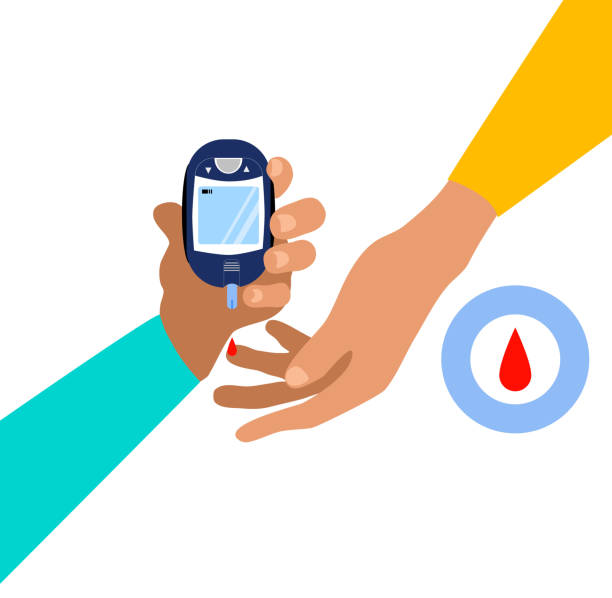 World diabetes day.Hand is holding electrochemical or Photometric glucometer.Finger is pricked,ready for a glucose or Blood Sugar Test.Determination of glycated hemoglobin. Endocrine pancreas disorder metabolism illustrations stock illustrations