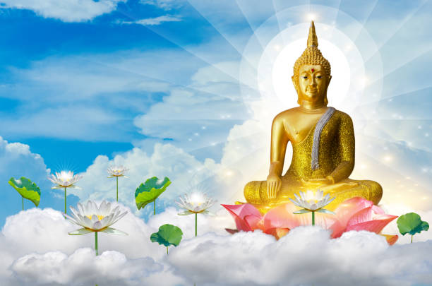 istock Buddha floating in heaven, sky on lotus flower on orange background. 1280538065