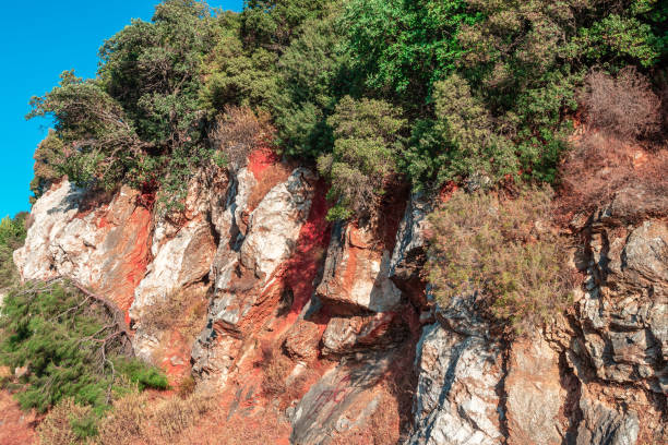 afloramiento de rocas, geología. hermoso paisaje del bosque de la montaña contra el cielo azul - esquisto de granate fotos fotografías e imágenes de stock