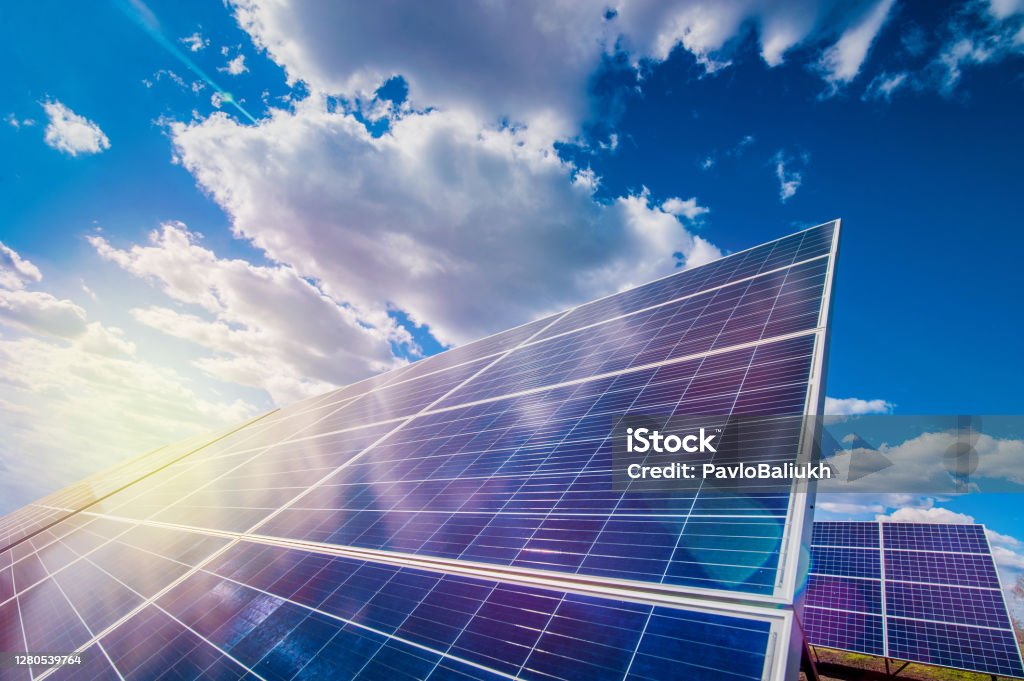 Solar Rays Sky Solar Energy Panel System And The Sky Clouds And Sun Rays Stock Photo ...