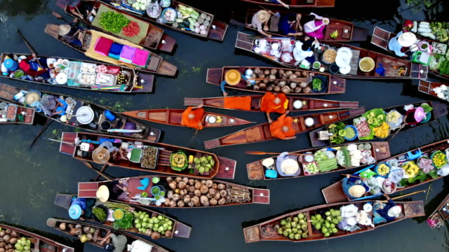 4K High Angle Shot Of Traditional Floating Market In Thailand