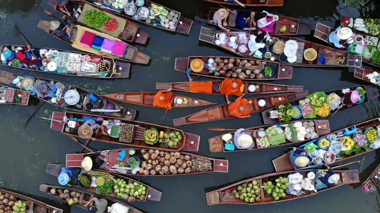 4K High Angle Shot Of Traditional Floating Market In Thailand