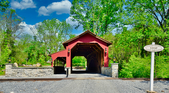 Close Up View of a Restored Old 1844 Covered Bridge on a Sunny Day