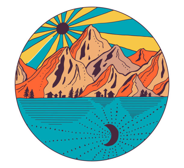 istock Hand drawn mountains with sun and moon. Line art landscape vector illustration in circle. Blue, yellow and pink art in doodling style. 1280547072