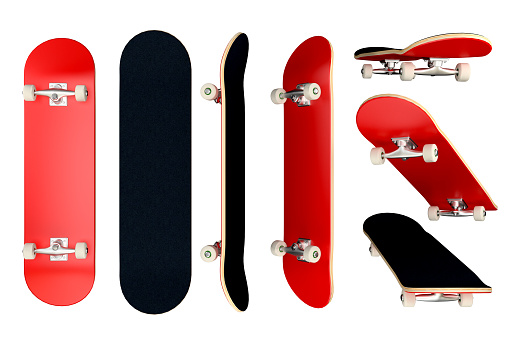 skateboard red color, plain and blank deck. Set of isolated object in different angle, mock up template for your logo and graphic design.