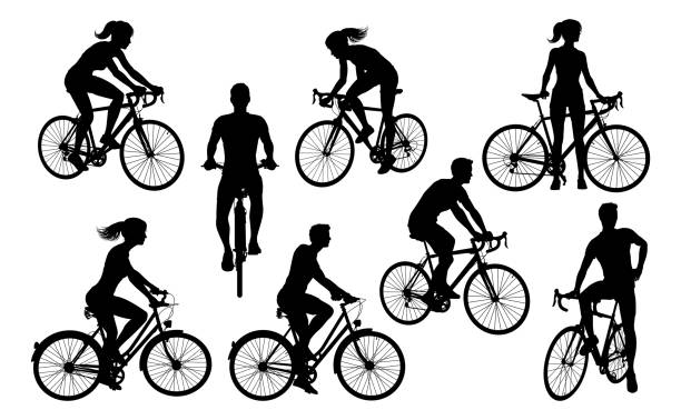 Bicycle Riding Bike Cyclists Silhouettes Set A set of bicycle cyclists riding their bikes in silhouette groups of teens stock illustrations