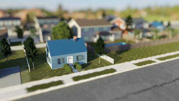 istock Small suburban house in a nice neighborhood. Tilt shift effect. Digital 3D render. 1280555494