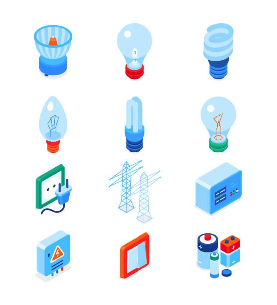 ilustrações, clipart, desenhos animados e ícones de suprimentos elétricos - modernos ícones isométricos coloridos definidos - tower isometric communications tower antenna