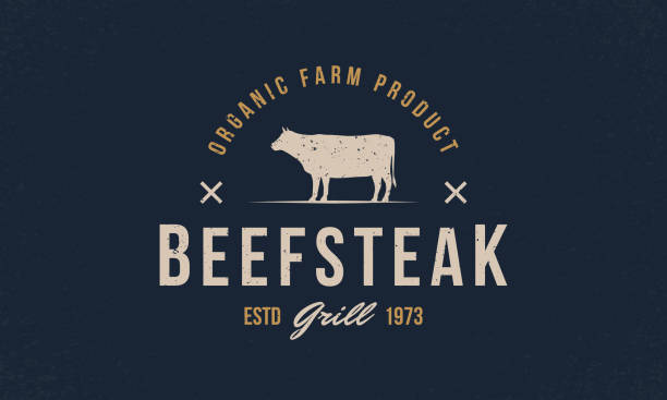 Beef, Cow logo. Beef Steak trendy logo, emblem, poster with Cow, Bull silhouette. Graphic emblem template for grill, bbq, steak house, restaurant, butchery and meat shop. Vector illustration Vector illustration aberdeen angus cattle stock illustrations