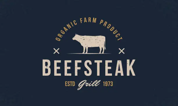 Vector illustration of Beef, Cow logo. Beef Steak trendy logo, emblem, poster with Cow, Bull silhouette. Graphic emblem template for grill, bbq, steak house, restaurant, butchery and meat shop. Vector illustration