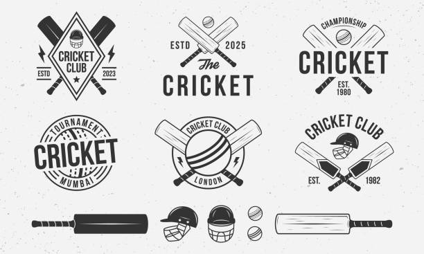 ilustraciones, imágenes clip art, dibujos animados e iconos de stock de emblemas de grillo, logotipos, plantillas de insignias. conjunto de 6 logotipos de cricket y 6 elementos de diseño. bate de grillo, bola y casco aislados sobre fondo blanco. emblemas vectoriales del equipo de críquet - críquet