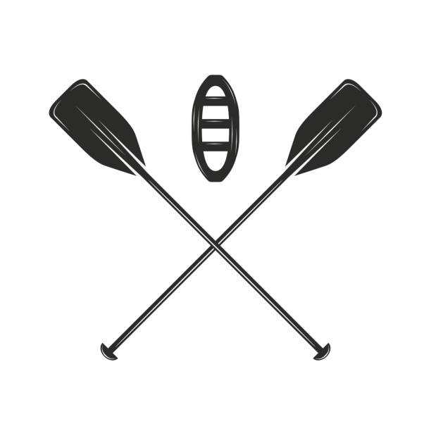 illustrazioni stock, clip art, cartoni animati e icone di tendenza di icona di rafting. paddle di rafting incrociato con canoa isolata su sfondo bianco. sport acqua acqua acqua, kayak, canoa. illustrazione vettoriale - wooden raft illustrations