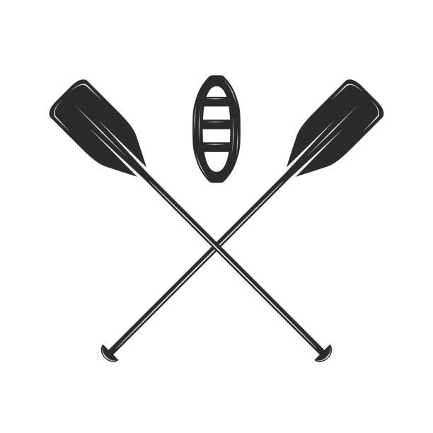 ilustrações de stock, clip art, desenhos animados e ícones de rafting icon. crossed rafting paddle with canoe isolated on white background. water sport, kayak, canoe. vector illustration - white water rafting rafting rapid river