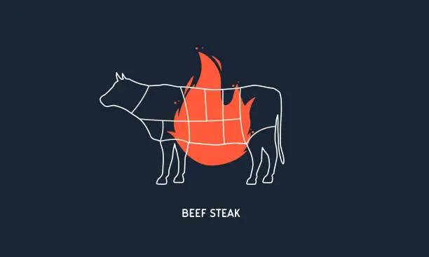 Vector illustration of Beef Steak. Barbecue, Butchery logo. Cow, Bull silhouette with fire, flame. Butcher's diagram template. Restaurant menu design. Vector illustration