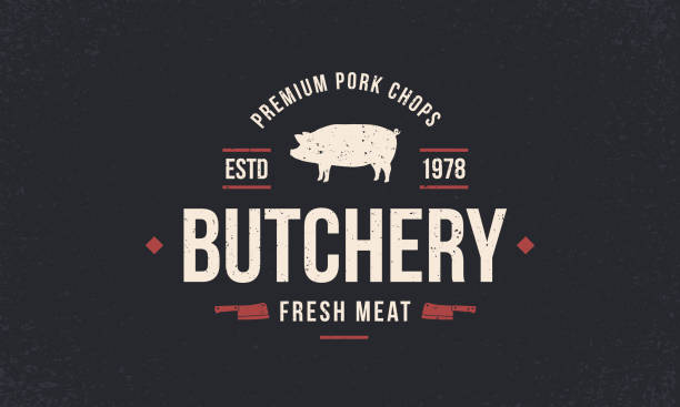 ilustrações de stock, clip art, desenhos animados e ícones de butchery, pork vintage logo. emblem of butchery meat shop with meat knives and cuts of pork. retro poster for meat shop, restaurant, bbq. grunge texture. vector illustration - pig pork meat barbecue