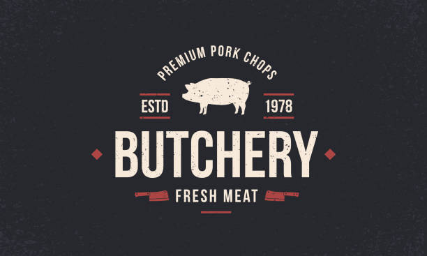 Butchery, Pork vintage logo. Emblem of Butchery meat shop with Meat knives and Cuts of Pork. Retro poster for meat shop, restaurant, bbq. Grunge texture. Vector illustration Vector illustration pig symbols stock illustrations