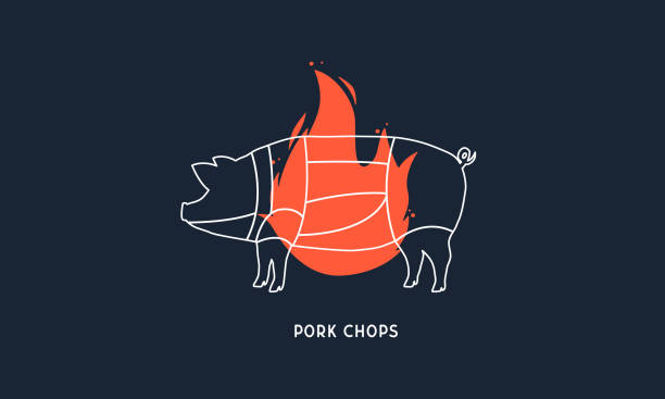 illustrations, cliparts, dessins animés et icônes de côtelettes. barbecue, logo boucherie. silhouette de porc avec le feu, la flamme. modèle de diagramme de boucher. illustration vectorielle - roasted