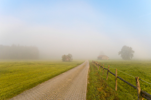 Rural landscape with a narrow single lane road disappearing in a arc of fog. The fog arc (also white rainbow) is an appearance of the atmospheric optics in the form of a circular, white glowing arc. It is a special form of the rainbow, which is caused by particularly fine droplets.