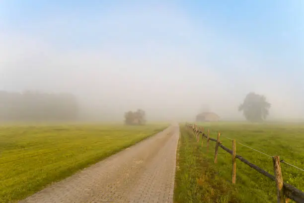 Photo of Rural landscape with a narrow single lane road disappearing in a arc of fog