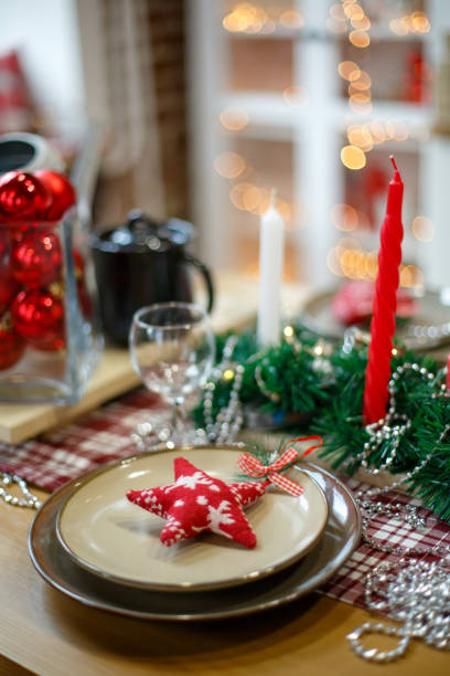istock brown plates on the table in the New Year's decoration 1280566068