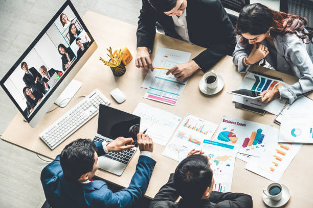 Video call group business people meeting on virtual workplace or remote office