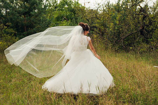 backview of the bride stands against the background of nature with a flowing veil in the wind