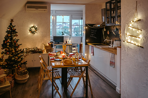 Interior of house set up with food and drinks for celebration Christmas