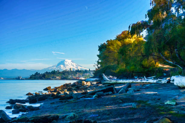 Shoreline And Rainier 6 Illustration A view of Mount Rainier from Ruston, Washington. puget sound stock pictures, royalty-free photos & images