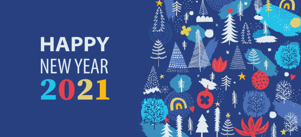 Christmas And New Year Seasonal Banner Happy New Year 2021 website banner with illustration and copy space text. 2021 illustrations stock illustrations
