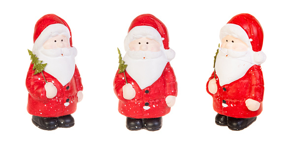 Santa Clause model figure, ceramic toy. Three sides, isolated on white