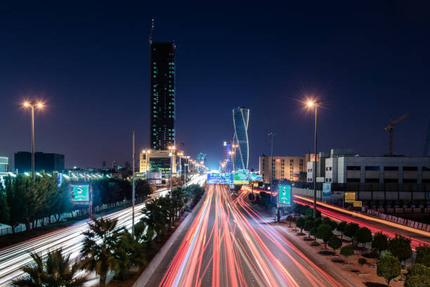 Riyadh City During The Blue Hour Riyadh cityscape view from King Fahad Road towards the north. riyadh stock pictures, royalty-free photos & images