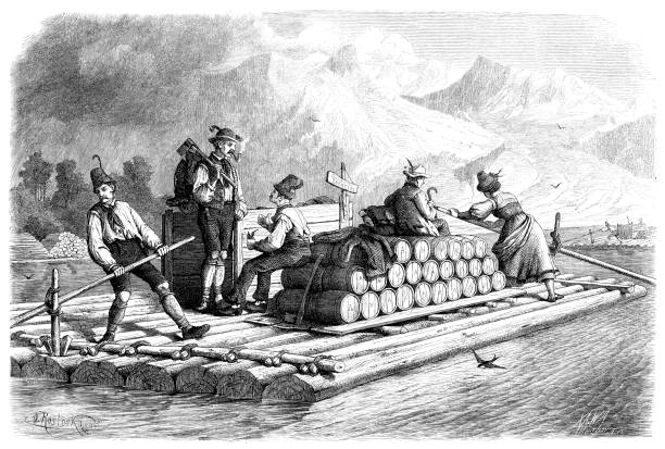 illustrations, cliparts, dessins animés et icônes de hommes bavarois sur la rivière isar transportant le baril avec la bière - wooden raft