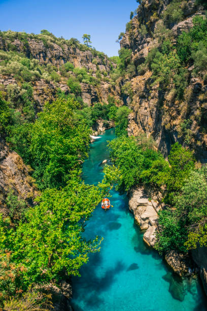 amazing river landscape from koprulu canyon in manavgat, antalya, turkey. rafting tourism. koprucay - rafting on a mountain river photos et images de collection