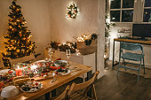 Place setting with food and drinks for Christmas and new year celebration party