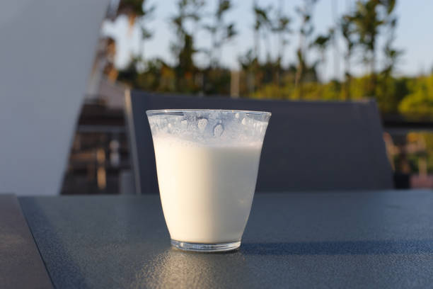 Glass full of organic yogurt on a table outdoors in the morning light.