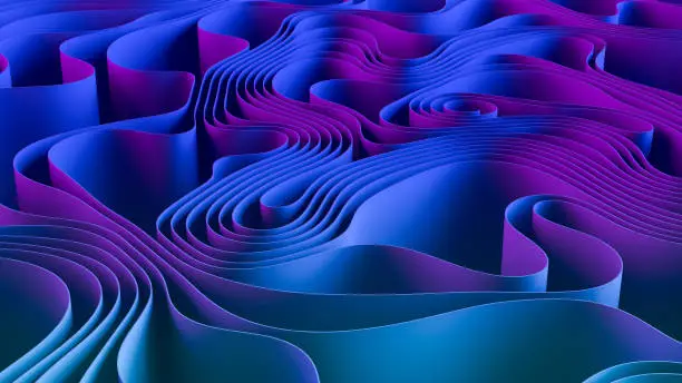 Photo of 3D Abstract Wavy Spiral Background, Neon Lighting