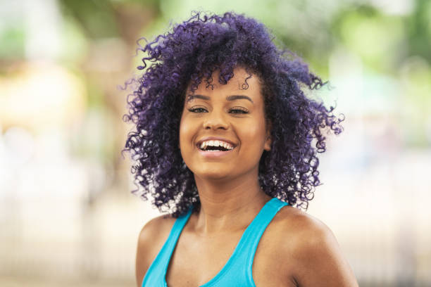 Purple hair woman smiling portrait Purple hair, Smile, Young woman, Summer, Joy purple hair stock pictures, royalty-free photos & images