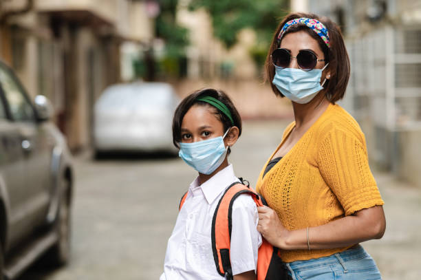 istock Indian school girl going to school campus while wearing protective face Mask for protection from COVID-19. 1280599454