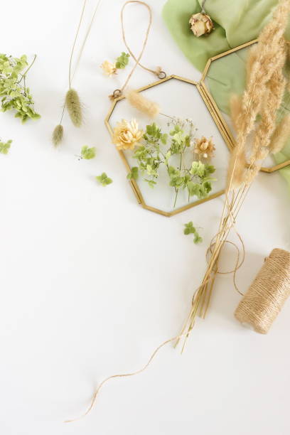 istock Dried flowers and herbs for making decoration flat lay on white background. Framing dried plants. Top view. Copy space.Hobby handmade with flowers. 1280599870