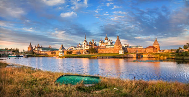 istock Solovetsky Monastery on the Solovetsky Islands and an overturned boat 1280600547