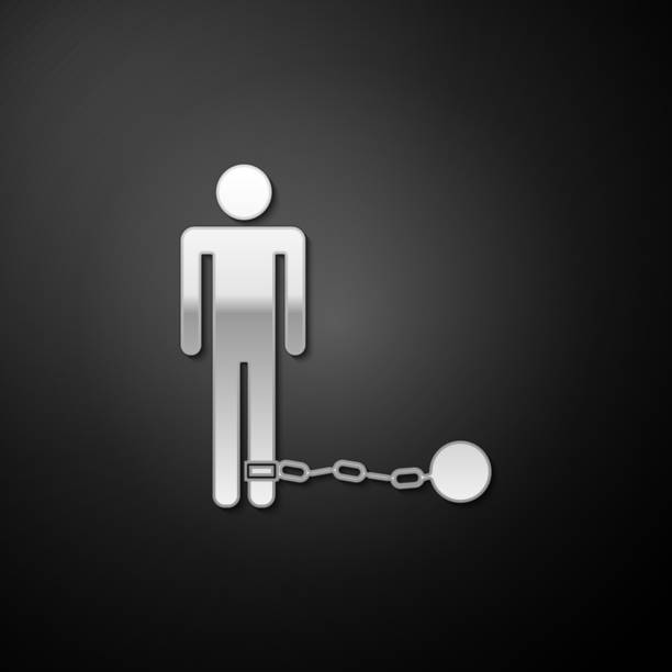 illustrazioni stock, clip art, cartoni animati e icone di tendenza di prigioniero d'argento con l'icona della palla sulla catena isolata su sfondo nero. stile ombra lungo. vettore - debt trapped chain ball and chain