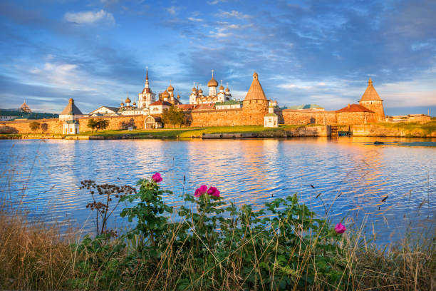 istock The Solovetsky Monastery on the Solovetsky Islands and a flowering rosehip bush 1280604200