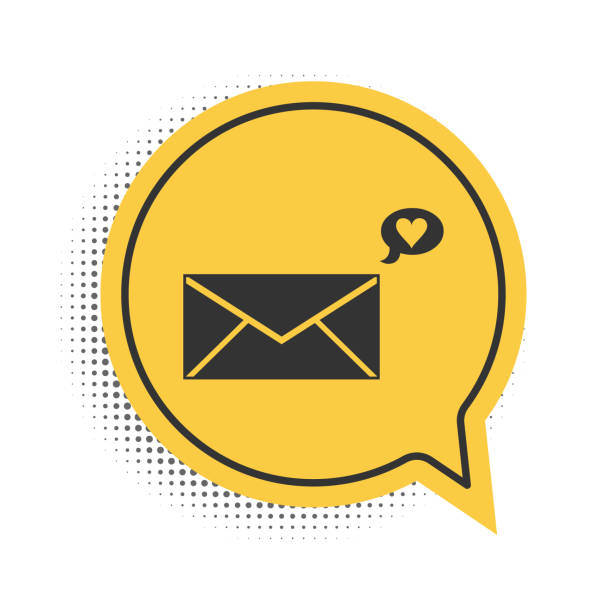 istock Black Envelope with Valentine heart icon isolated on white background. Message love. Letter love and romance. Yellow speech bubble symbol. Vector 1280604268